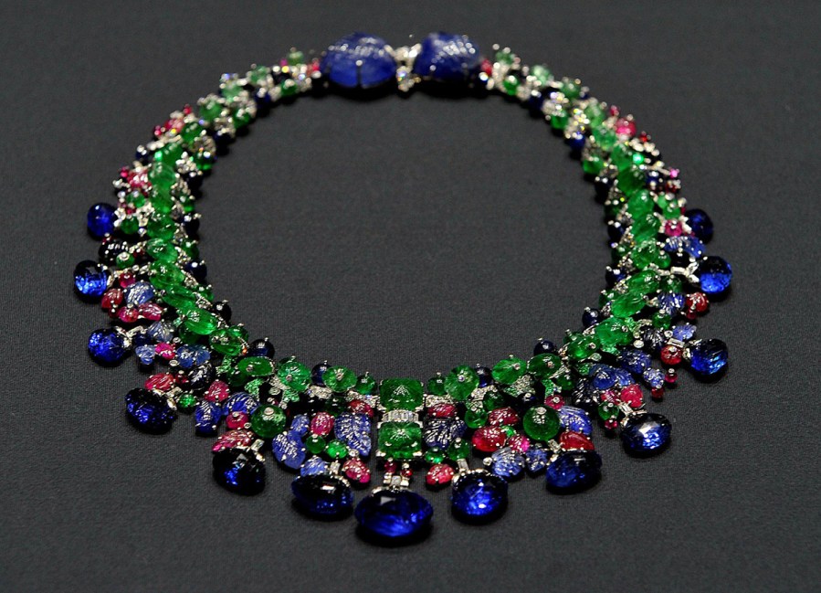 06 Sep 2010, Prague, Czech Republic --- epa02319339 View of Tutti Frutti necklace, made for Mrs. Daisy Fellowes, on display during the Cartier exibition 'The Power of Style' held at Prague Castle, in Prague, Czech Republic, 06 September 2010. Necklace is made from gold, diamonds, platinum, sapphires and rubies material. The exhibition, running from 09 July to 17 October 2010, features over 368 exceptional and historical jewels, timepieces, and luxury objects created by the Maison Cartier in the Riding Hall of the Prague Castle. EPA/FILIP SINGER --- Image by © FILIP SINGER/epa/Corbis